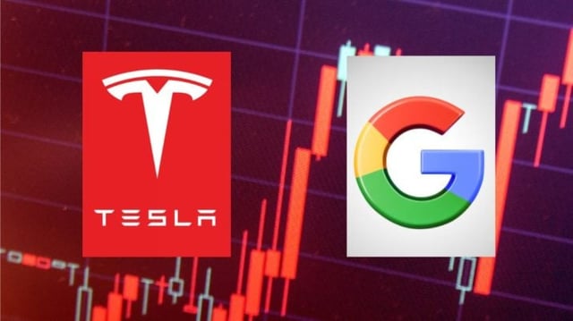 Fundo de gráfico de ações em vermelho com os logos da Tesla e do Google em primeiro plano