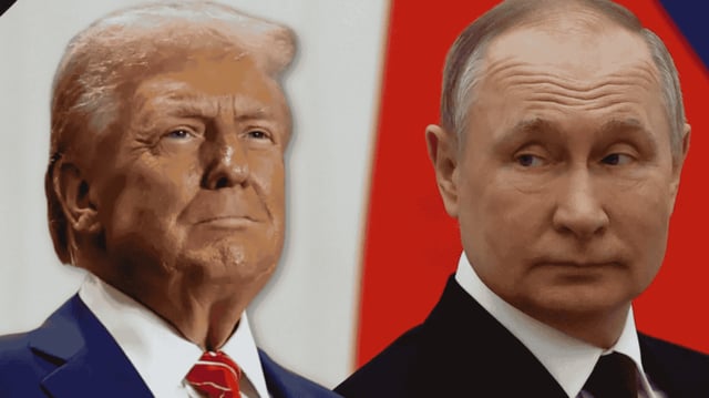 O presidente norte-americano, Donald Trump, está ao lado do presidente da Rússia, Vladimir Putin. Ambos usam ternos escuros e olham para frente.
