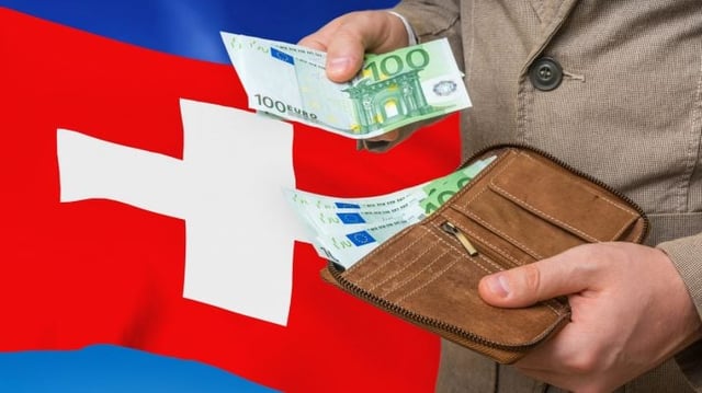 Investing money to Switzerland. Rich man with a lot of money.