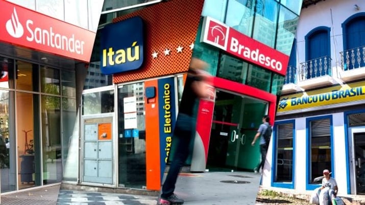 Montagem com fachada de agências dos bancos Santander, Itaú, Bradesco e Banco do Brasil