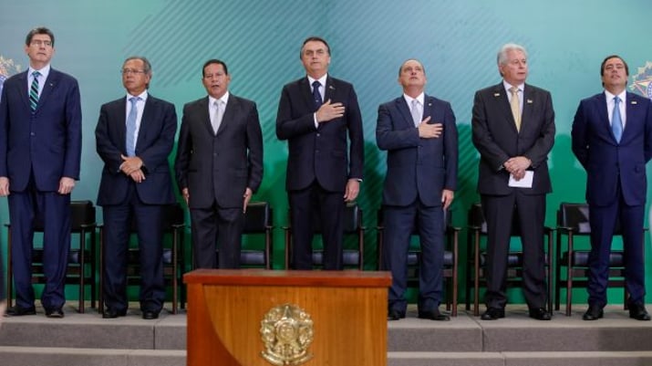 Cerimônia de posse dos presidentes de bancos públicos. Joaquim Levy (BNDES), Rubem Novaes (Banco do Brasil) e Pedro Guimarães (Caixa)