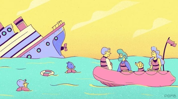 Ilustração: navio e bote salva-vidas