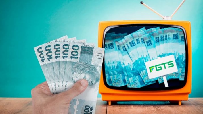 Montagem mostra bolo de dinheiro na TV e apenas R$ 500 na mão, em uma sátira sobre o saque do FGTS
