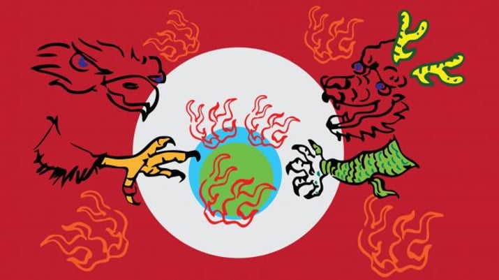 Arte simbolizando uma águia e um dragão em lados opostos
