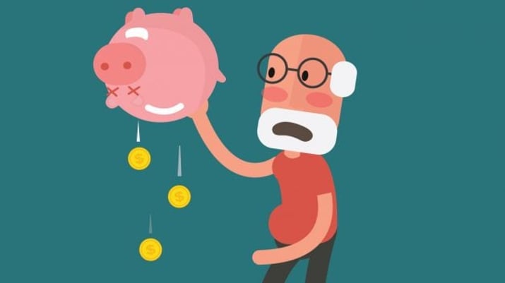 Ilustração de homem idoso com cofrinho de economias