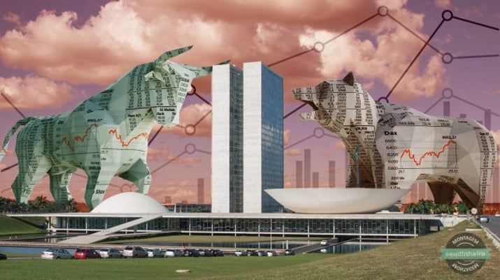 Montagem do Congresso Nacional com desenhos de um touro e um urso, sinalizando as instabilidades geradas pelo risco político ao desempenho da bolsa