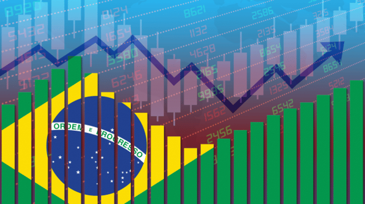 Arte mostrando um gráfico de barras com a bandeira do Brasil e uma seta com oscilações para cima e para baixo, fazendo menção às instabilidades na inflação, dólar, PIB, juros e outras variáveis macroeconômicas, competitividade mundial