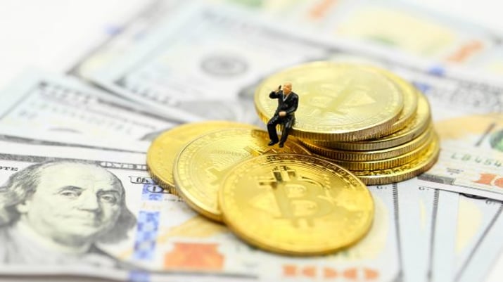 Miniature,People,:,Businessman,With,Cryptocurrency,Bitcoin,Coins,Virtual,Money