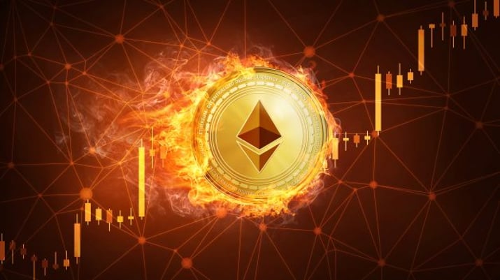 Golden,Ethereum,Coin,In,Fire,With,Bull,Trading,Stock,Chart.