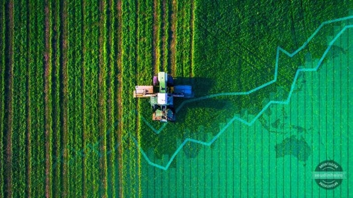 Ilustração que mostra uma colheitadeira operando no campo, contrastada por um mapa-mundi e um gráfico de valorização de ações.