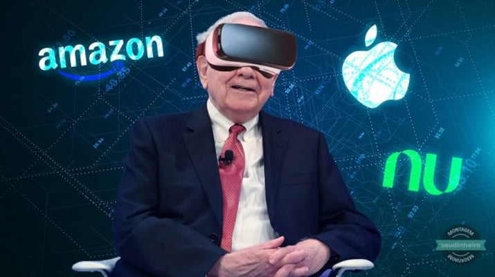 Warren Buffett, em montagem com óculos de realidade virtual e logotipos de empresas de tecnologia Realidade Virtual Amazon NuBank Apple