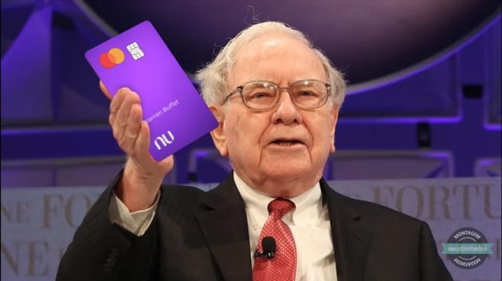 Montagem mostra Warren Buffett segurando o cartão do Nubank