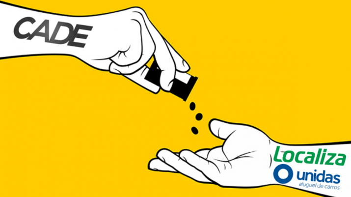 Ilustração de uma mão com o logo do Cade entregando remédios para uma outra mão estendida, com os logos da Localiza (RENT3) e Unidas (LCAM3), num fundo amarelo