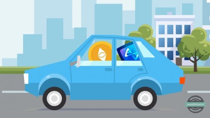 ilustração de carro andando na cidade com moeda de ethereum de "motorista" e AXS como "passageiro"