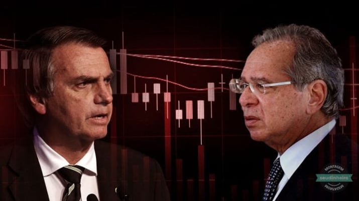 Jair Bolsonaro e Paulo Guedes de lados opostos se olhando, ao fundo gráficos vermelhos em queda
