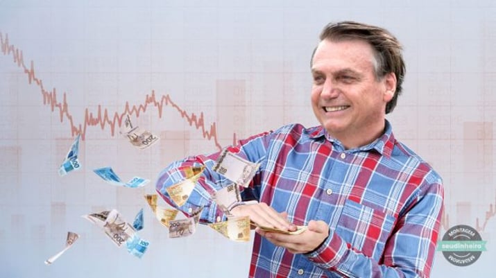 Bolsonaro jogando dinheiro gráficos queda; Aumenta repasse do mecanismo do Orçamento Secreto. Montagem de Bolsonaro sorrindo e jogando dinheiro e gráficos vermelhos em queda ao fundo