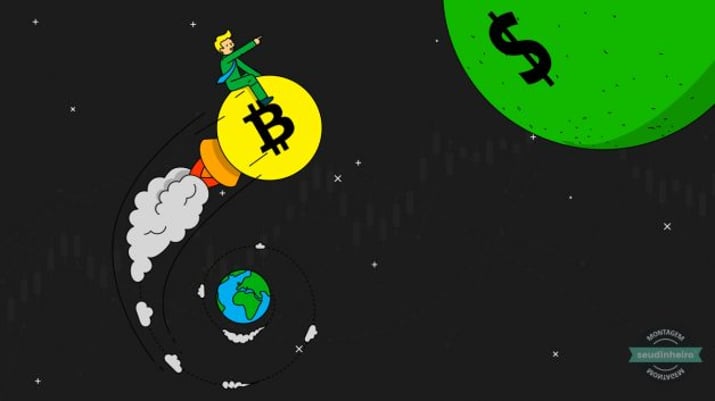 Homem no espaço em cima de foguete em forma de moeda de bitcoin saindo da terra em direção a planeta com cifrão