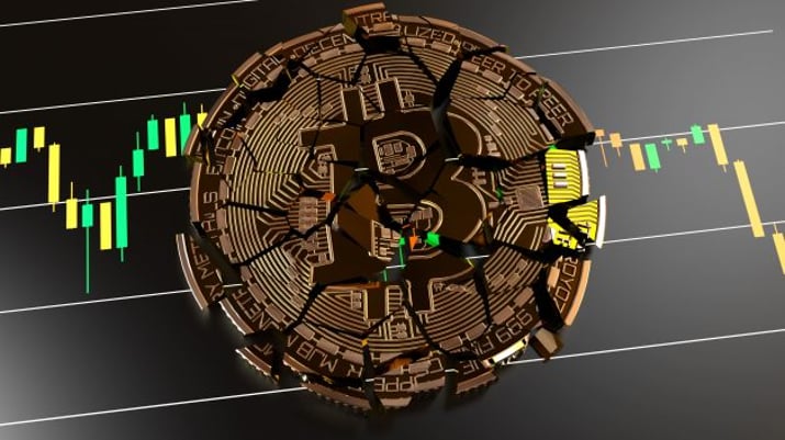 Moedas de bitcoin quebrada em várias partes