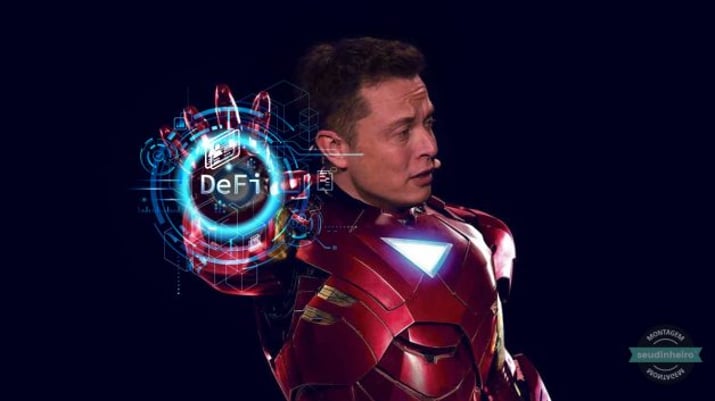 Elon Musk com armadura de Homem de Ferro "segurando" criptomoedas DeFi