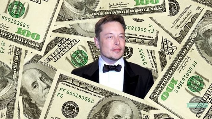 Montagem de Elon Musk no meio de notas de dólar