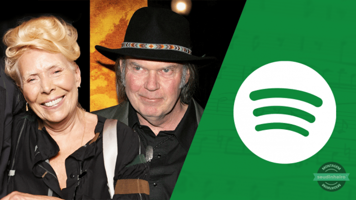 Montagem com Joni Mitchell, Neil Young e o logotipo do Spotify