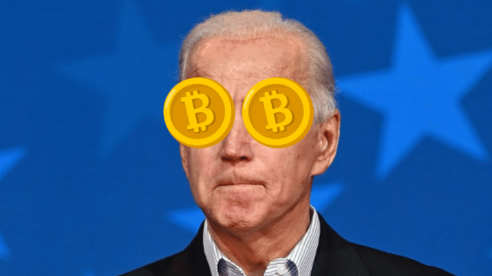 Montagem de Joe Biden com bitcoins no lugar das criptomoedas