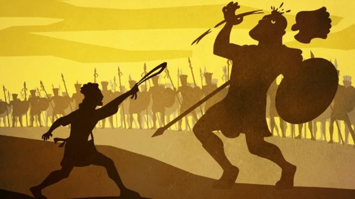 Ilustração representando a luta entre Davi e Golias; os dois estão em primeiro plano, em frente a um fundo amarelo. Desenho é usado como metáfora para o potencial das small caps e microcaps, ações de empresas de pequeno porte da bolsa