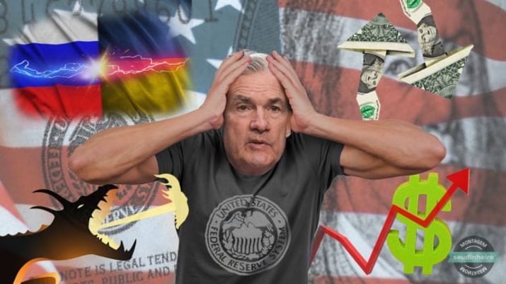 Presidente do Federal Reserve, Jerome Powell, de camiseta cinza com o brasão do Fed, mãos na cabeça e rodeado pelo dragão da inflação, dólar, bandeira da Ucrânia e da Rússia e gráfico dos mercados de ações