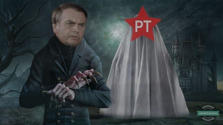 Cenário de terror com Bolsonaro como Drácula e PT como fantasma