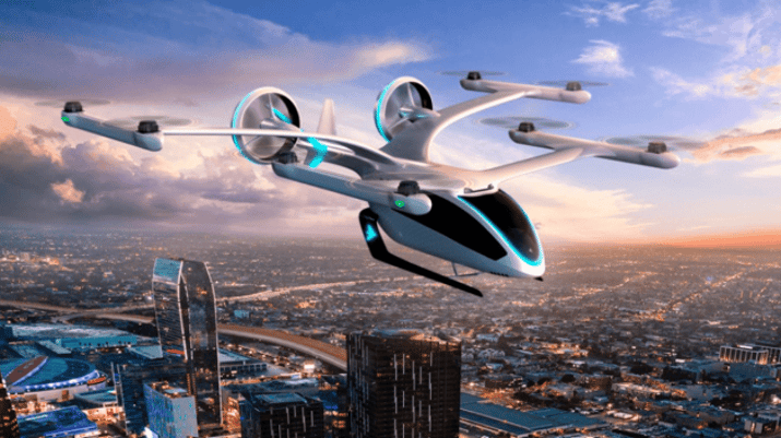 Modelo do futuro eVTOL, o carro voador, da Eve, empresa da Embraer