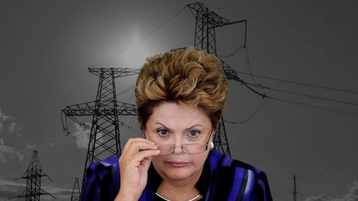 Montagem com a ex-presidente Dilma Rouseff e linhas de transmissão de energia ao fundo