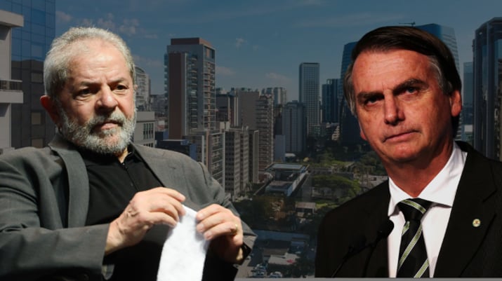 Montagem de Lula e Bolsonaro com prédios da Avenida Faria Lima ao fundo