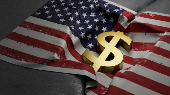 Bandeira dos EUA com cifrão em cima, representando oportunidade de ganhos com bolsa americana, juros