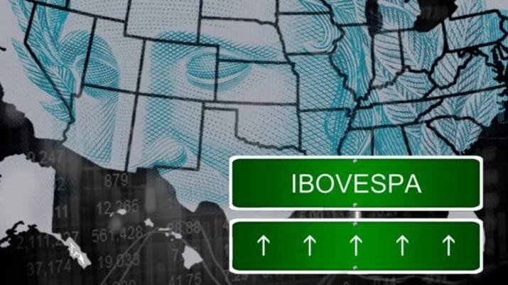 Montagem do real no mapa dos EUA e uma placa com Ibovespa e setas apontando para cima