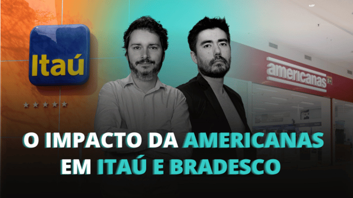 Capa do Podcast Touros e Ursos do dia 10/02/2023. Vinicius Pinheiro e Victor Aguiar falam do impacto do evento Americanas (AMER3) sobre os grandes bancos, como Bradesco (BBDC4), Itaú (ITUB4) e Santander (SANB11)