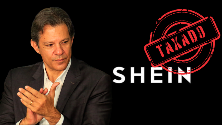 Fernando Haddad, ministro da Fazenda, sob um fundo preto com o logo da Shein escrito "taxado"