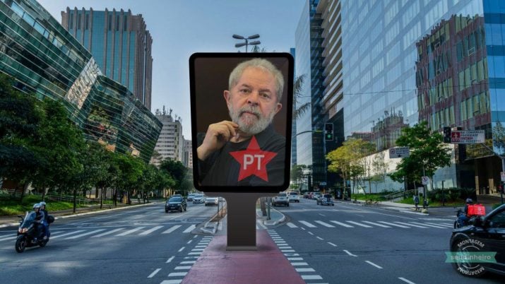 Montagem com painel exibindo o presidente Lula na Avenida Faria Lima, onde se concentra o mercado financeiro em São Paulo