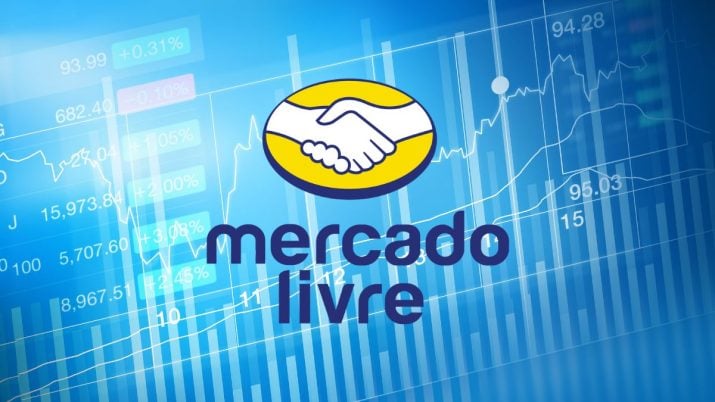 Logo do Mercado Livre (MELI34) com fundo de gráfico e cotações