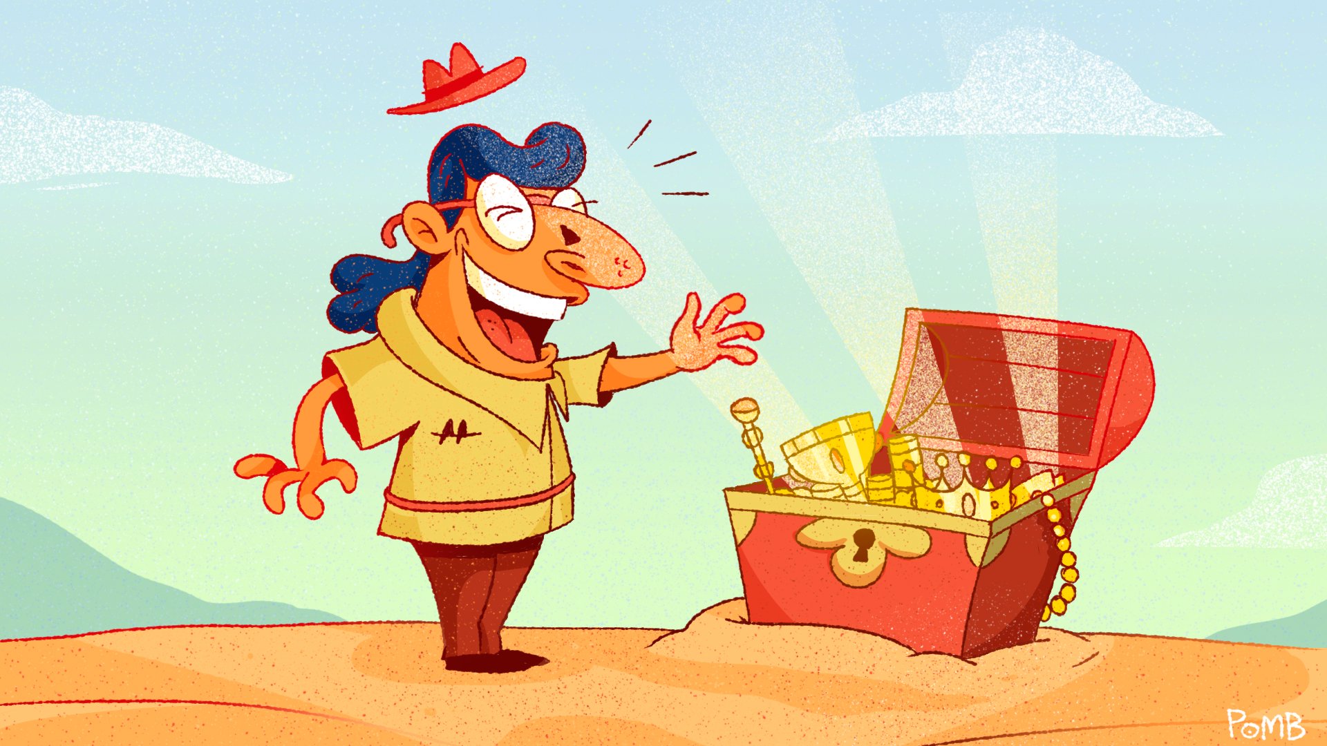 Ilustração de homem encontrando tesouro representa oportunidade de investimento