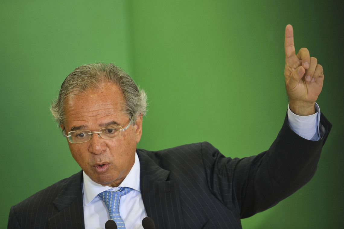 O ministro da Economia Paulo Guedes, durante cerimônia de posse aos presidentes dos bancos públicos.