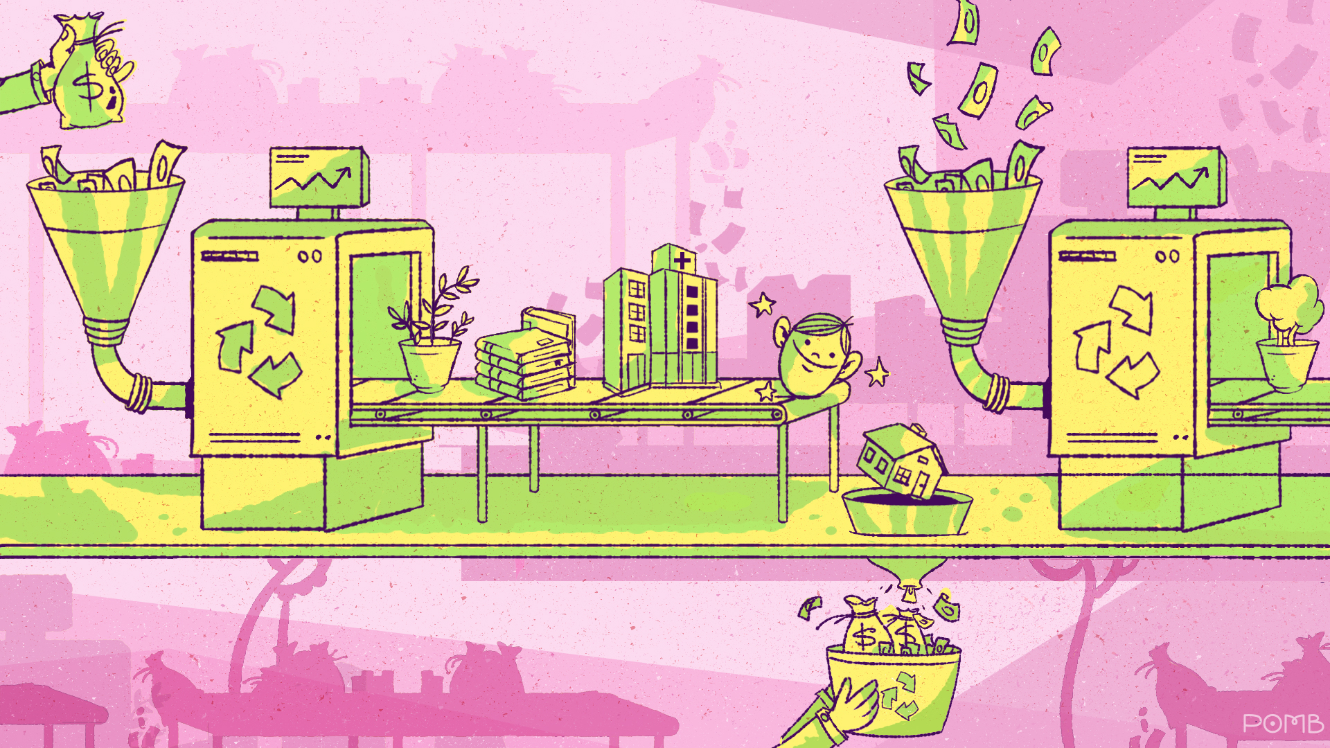Ilustração mostra um esquema funcional dos investimentos de impacto, no qual a pessoa ganha dinheiro promovendo ações sociais