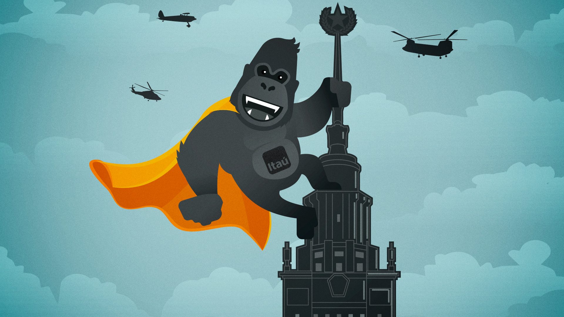 Montagem mostra Gorila com a capa do Itaú em cima do prédio do Empire State, uma referência ao filme King Kong