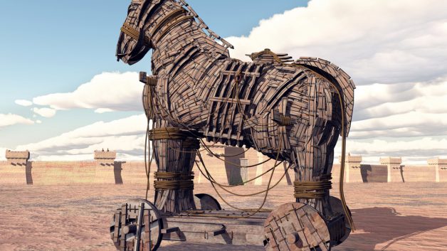 Uma ilustração do Cavalo de Troia, uma estratégia dos gregos para derrotar seus inimigos