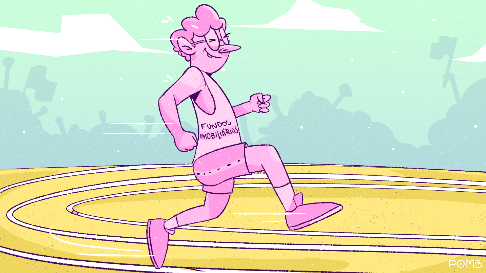 Ilustração mostra personagem que representa fundo imobiliário no meio de uma corrida