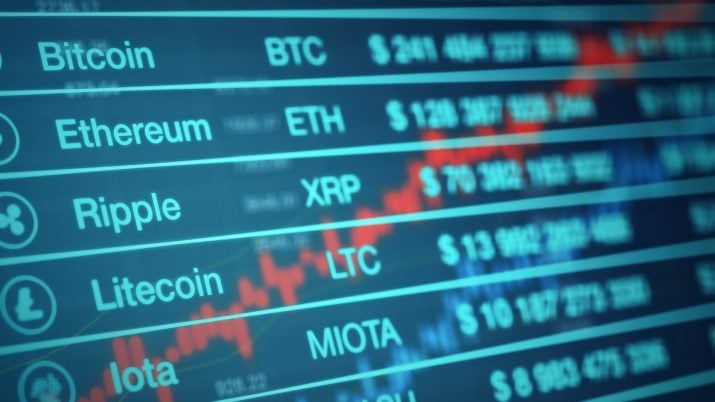 Painel de cotações de criptomoedas com bitcoin, ethereum, ripple, litecoin e iota