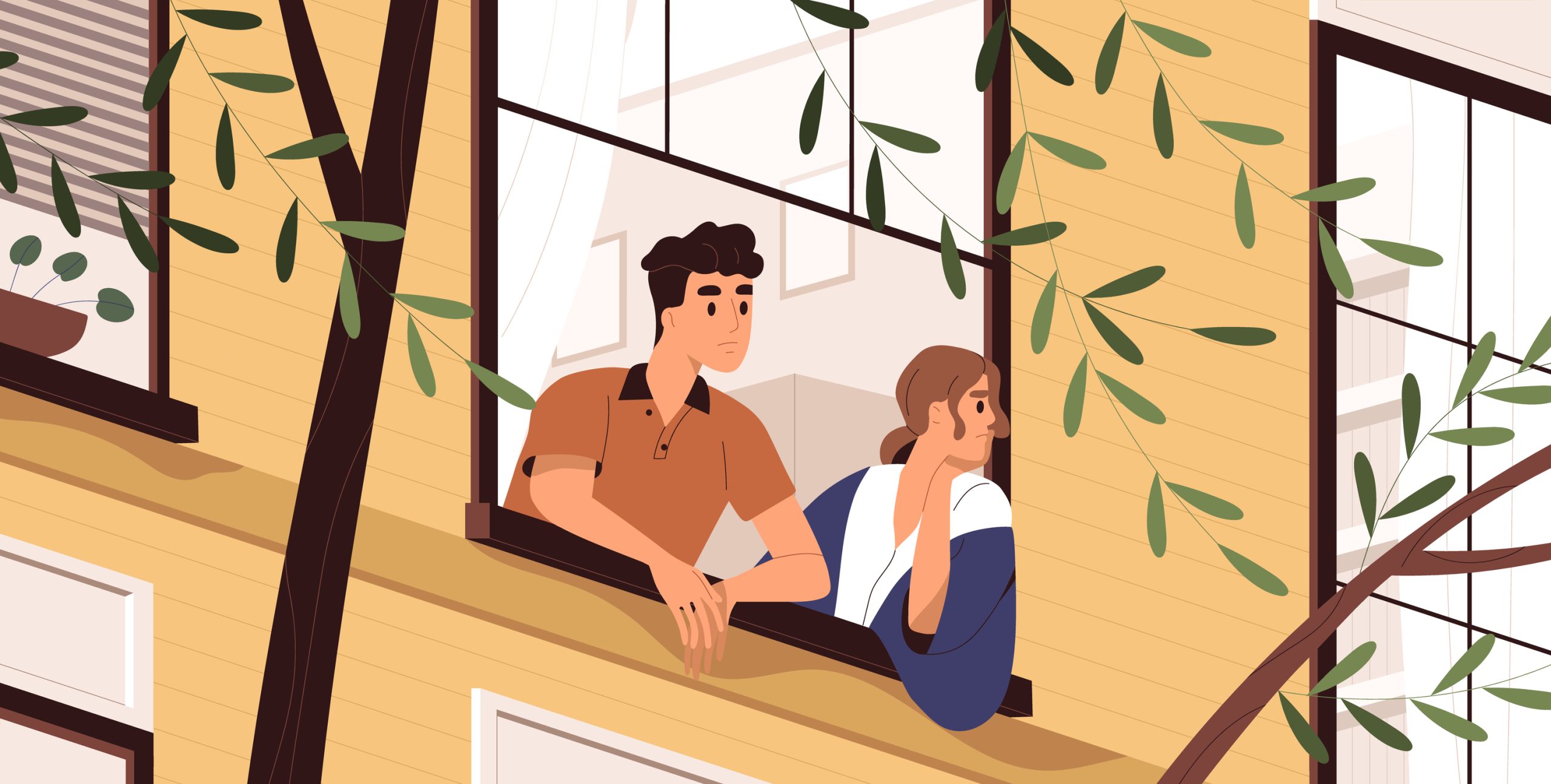 Desenho de um homem e uma mulher olhando pela janela de um prédio