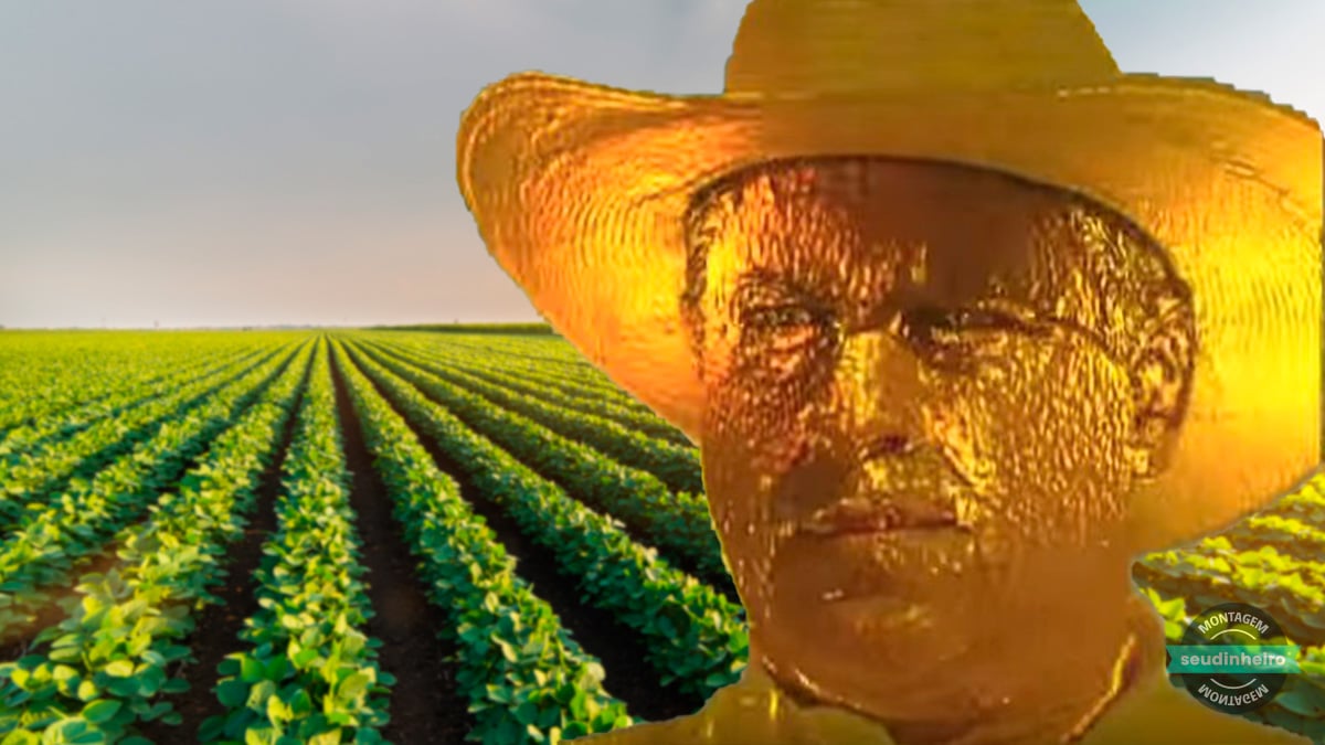Montagem de foto com imagem do Rei do Gado em frente à plantação de soja | Fiagros ação agro
