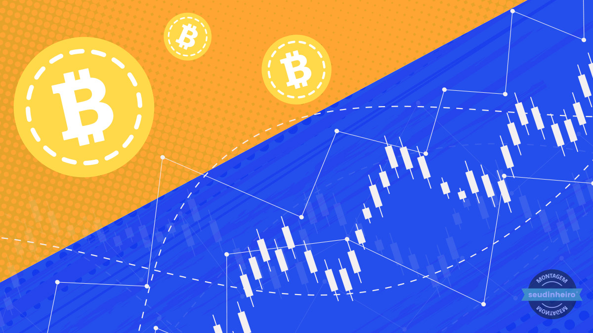 à esquerda, imagem de bitcoin, à direita, imagens de um gráfico de ações