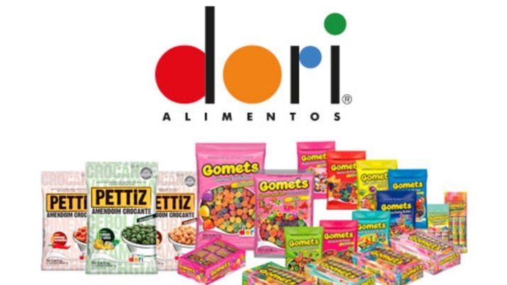 Montagem com o logo da Dori Alimentos e diversos produtos da empresa, como as balas de goma Gometz e os amendoins Pettiz