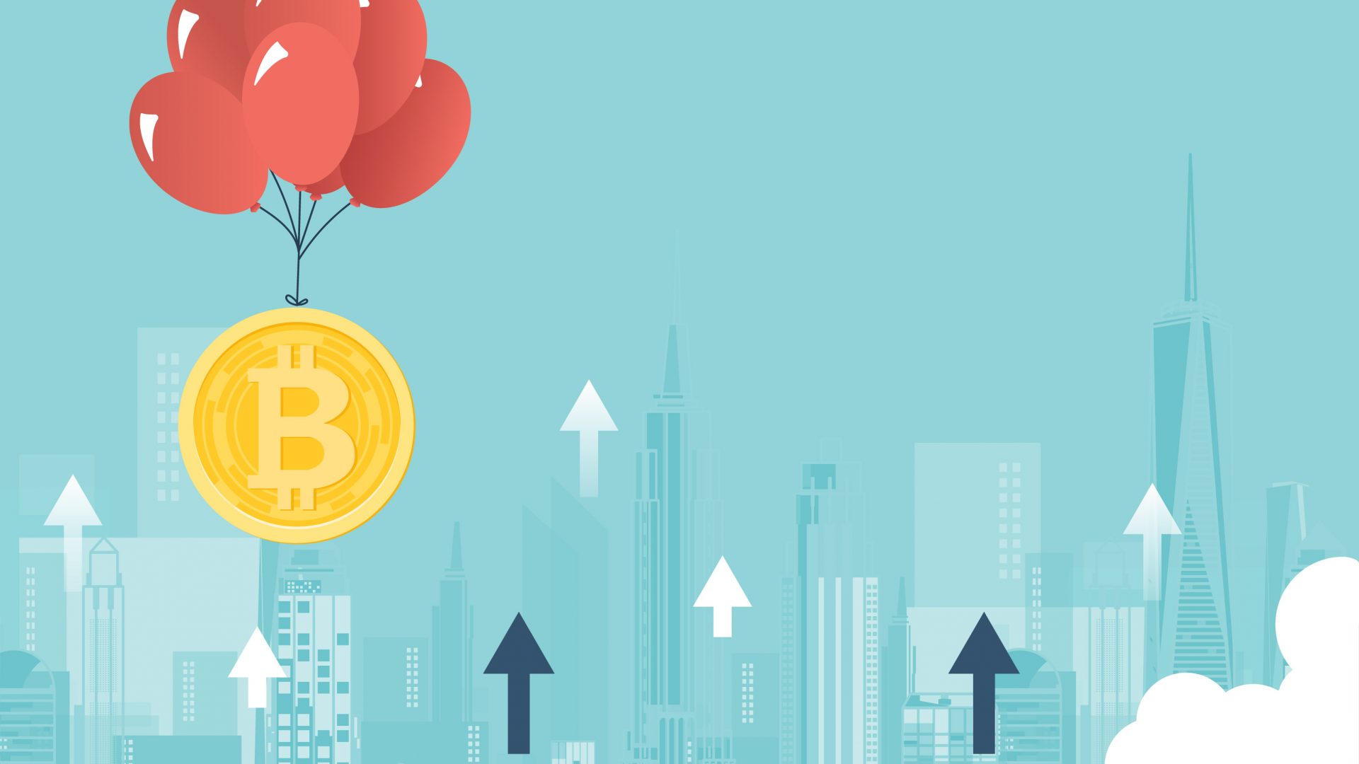 desenho de uma criptomoeda subindo ao céu presa por um balão. Arranhas céus, e setas para cima ao fundo
